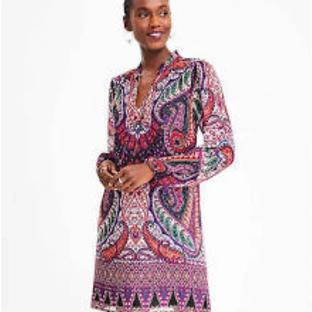 Loft Paisley Tie Neck Swing Dress Size xs Smooth Stone Women's - Picture 1 of 8